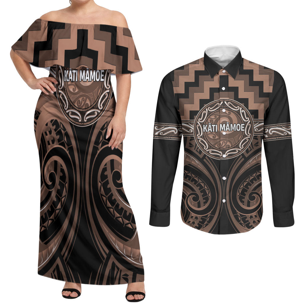 Aotearoa Kati Mamoe Personalised Couples Matching Off Shoulder Maxi Dress and Long Sleeve Button Shirt Maori Iwi Poutama Puhoro Tattoo LT14 Brown - Polynesian Pride