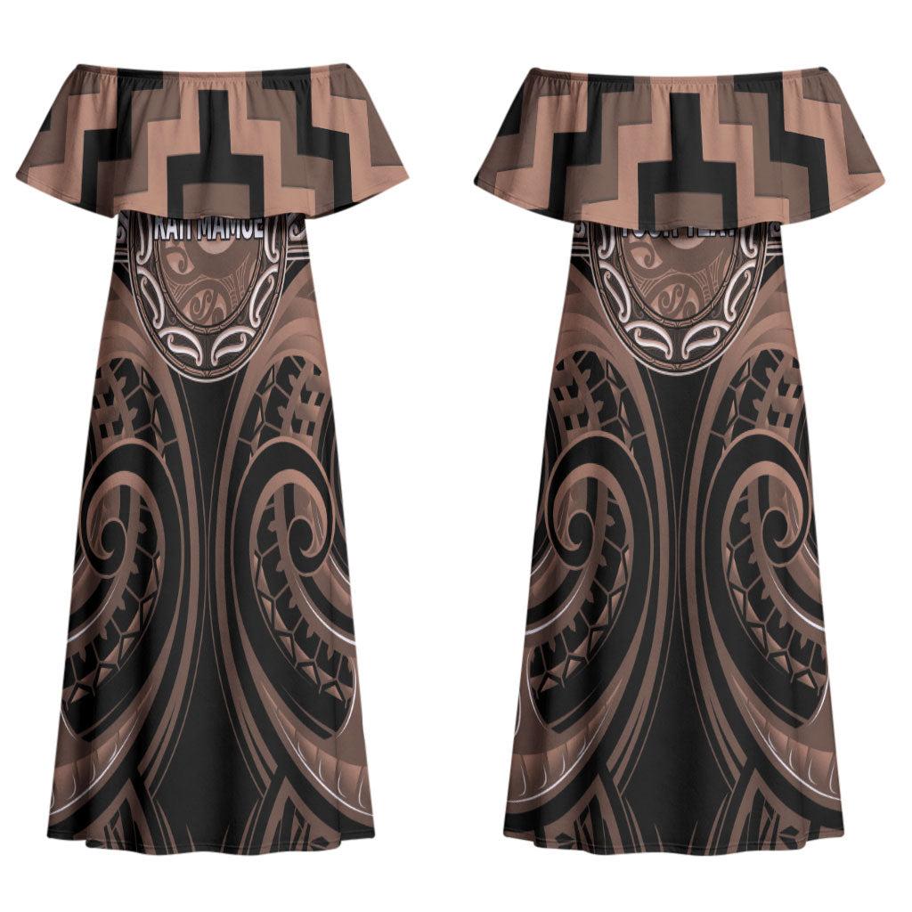 Aotearoa Kati Mamoe Personalised Couples Matching Off Shoulder Maxi Dress and Long Sleeve Button Shirt Maori Iwi Poutama Puhoro Tattoo LT14 - Polynesian Pride