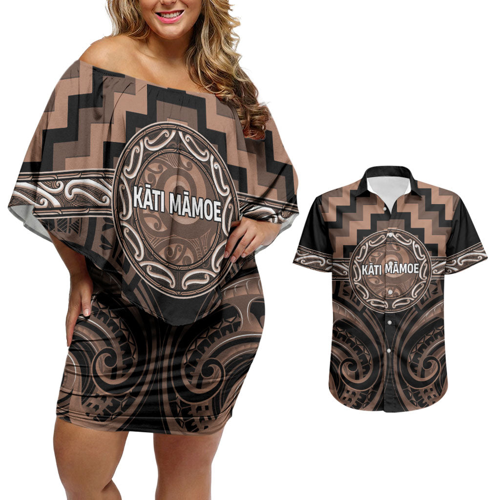 Aotearoa Kati Mamoe Personalised Couples Matching Off Shoulder Short Dress and Hawaiian Shirt Maori Iwi Poutama Puhoro Tattoo