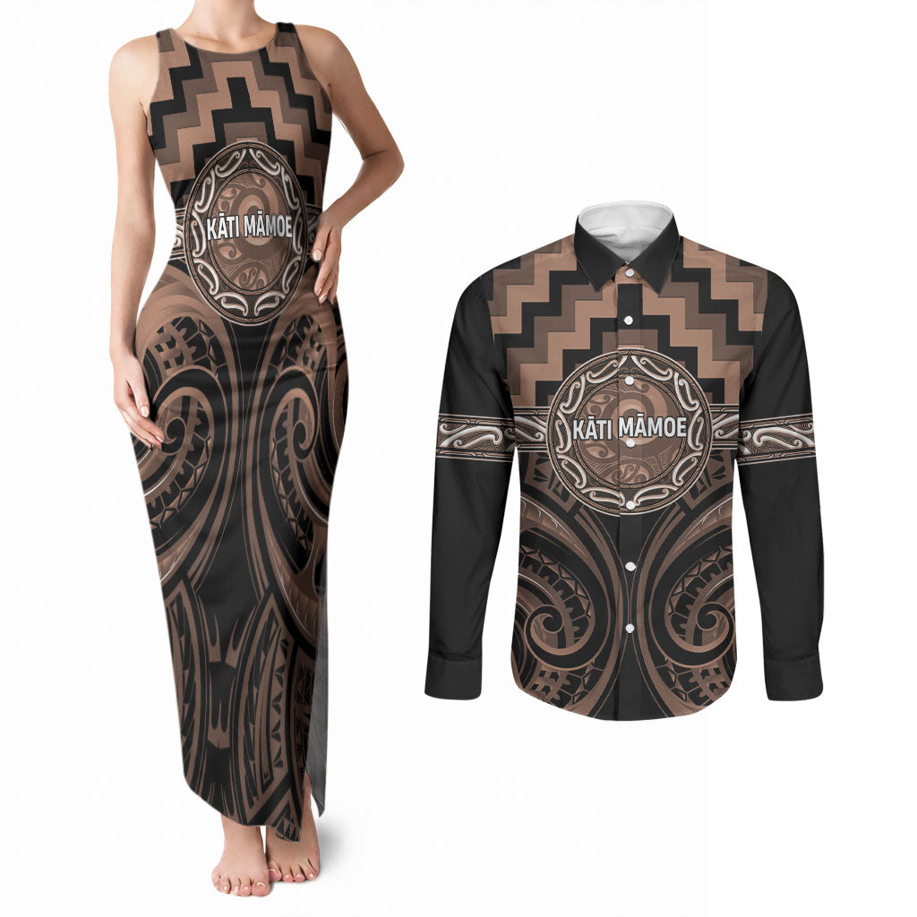 Aotearoa Kati Mamoe Personalised Couples Matching Tank Maxi Dress and Long Sleeve Button Shirt Maori Iwi Poutama Puhoro Tattoo