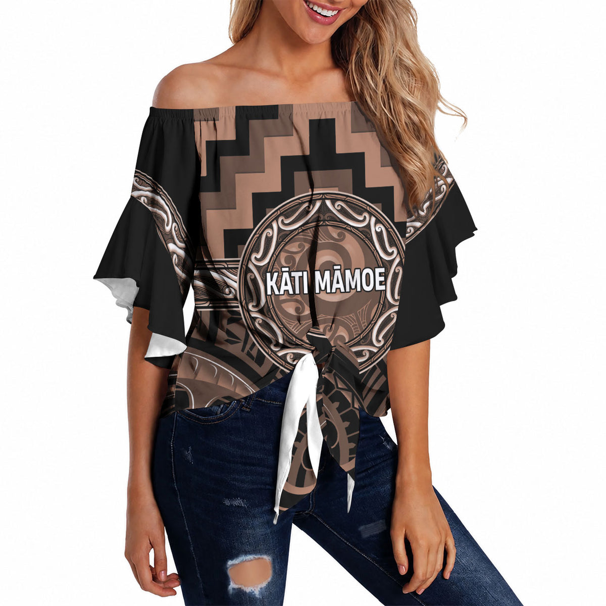 Aotearoa Kati Mamoe Personalised Off Shoulder Wrap Waist Top Maori Iwi Poutama Puhoro Tattoo LT14 Brown - Polynesian Pride