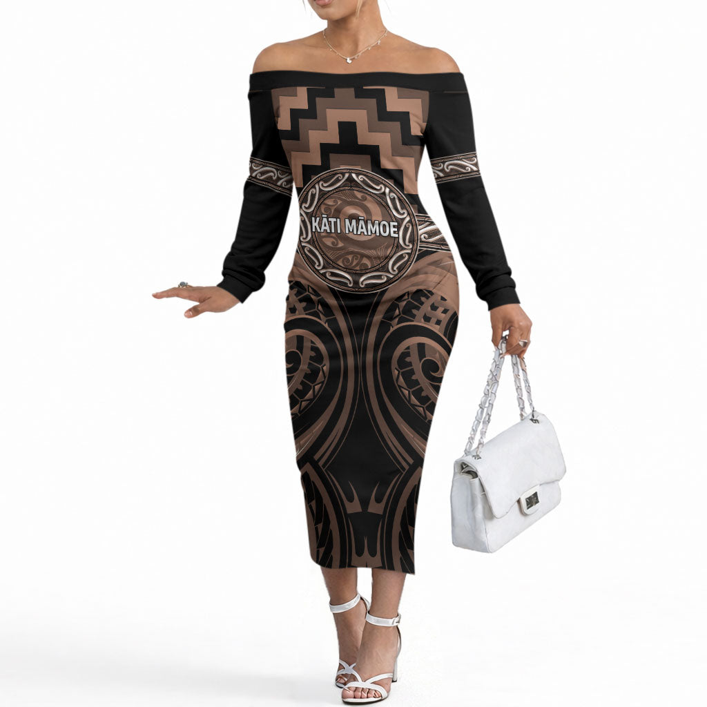 Aotearoa Kati Mamoe Personalised Off The Shoulder Long Sleeve Dress Maori Iwi Poutama Puhoro Tattoo LT14 Women Brown - Polynesian Pride
