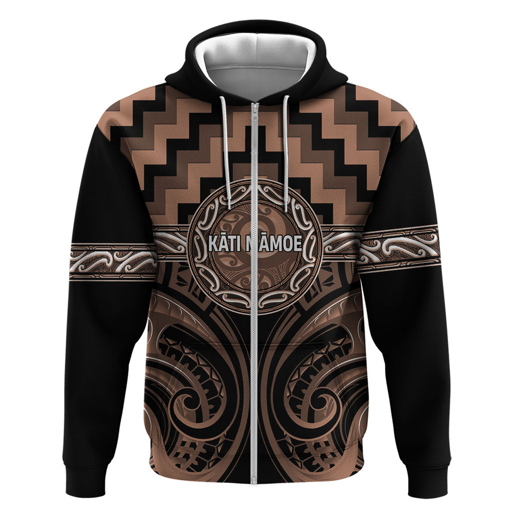 Aotearoa Kati Mamoe Personalised Zip Hoodie Maori Iwi Poutama Puhoro Tattoo LT14 Zip Hoodie Brown - Polynesian Pride