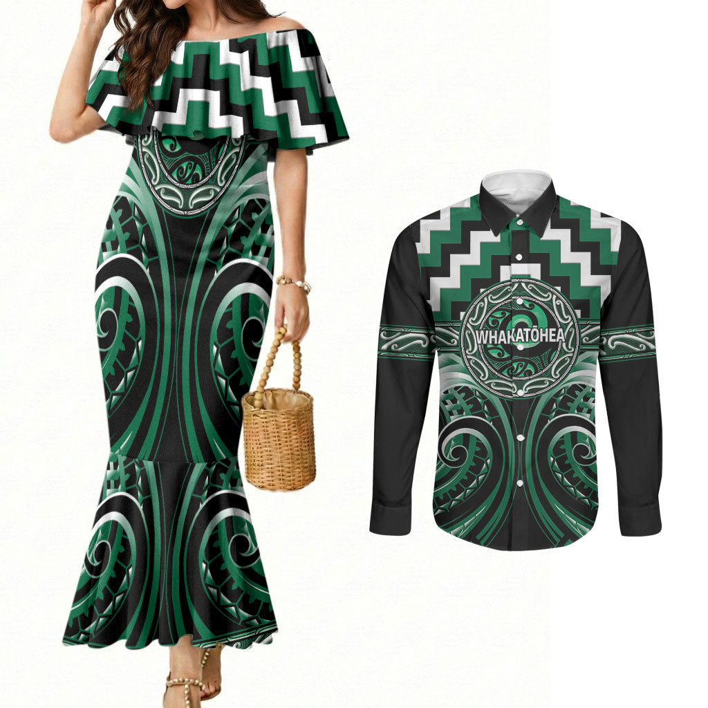 Aotearoa Whakatohea Personalised Couples Matching Mermaid Dress and Long Sleeve Button Shirt Maori Iwi Poutama Puhoro Tattoo