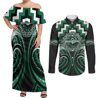 Aotearoa Whakatohea Personalised Couples Matching Off Shoulder Maxi Dress and Long Sleeve Button Shirt Maori Iwi Poutama Puhoro Tattoo LT14 Green - Polynesian Pride