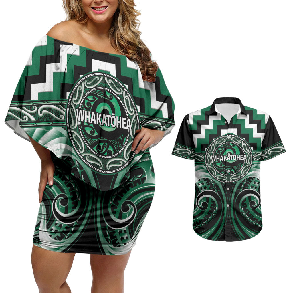 Aotearoa Whakatohea Personalised Couples Matching Off Shoulder Short Dress and Hawaiian Shirt Maori Iwi Poutama Puhoro Tattoo