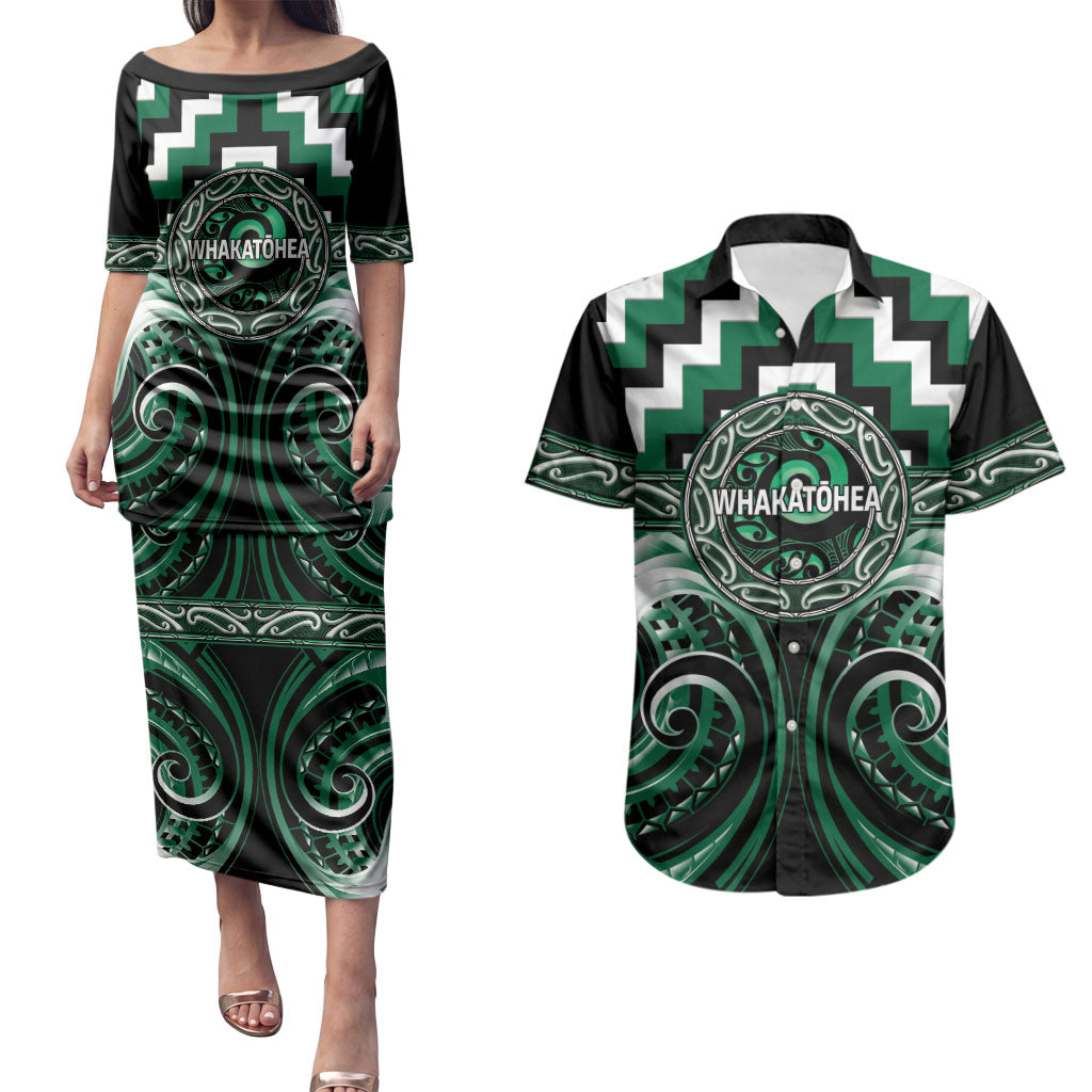 Aotearoa Whakatohea Personalised Couples Matching Puletasi and Hawaiian Shirt Maori Iwi Poutama Puhoro Tattoo