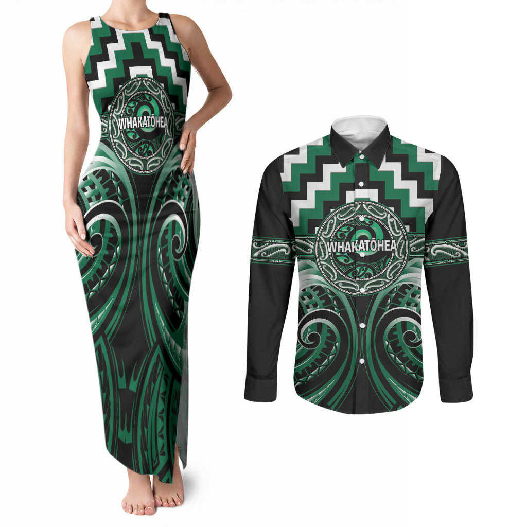Aotearoa Whakatohea Personalised Couples Matching Tank Maxi Dress and Long Sleeve Button Shirt Maori Iwi Poutama Puhoro Tattoo