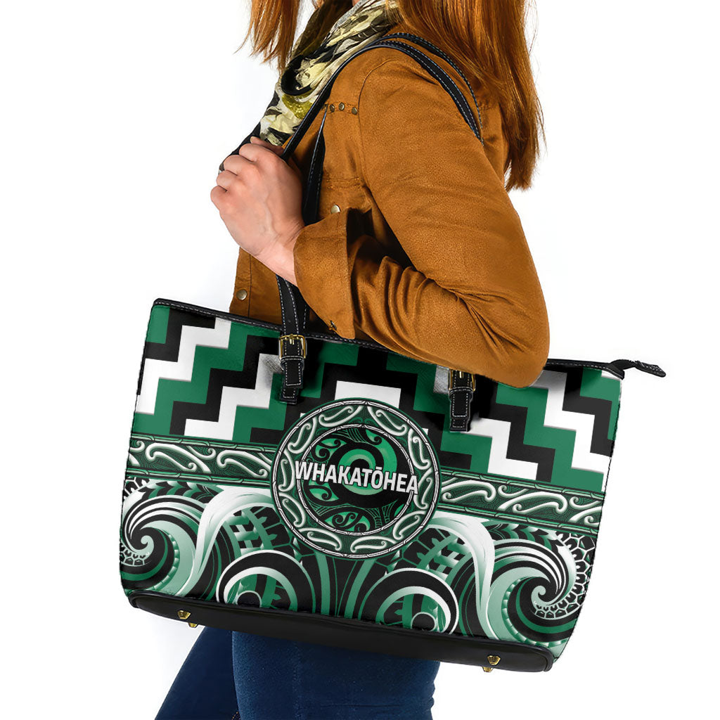 Aotearoa Whakatohea Leather Tote Bag Maori Iwi Poutama Puhoro Tattoo LT14 Green - Polynesian Pride