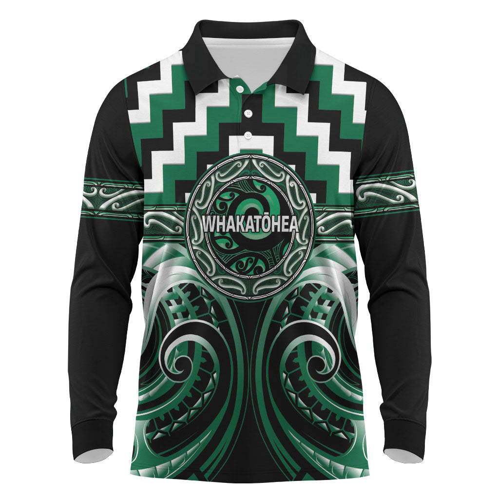 Aotearoa Whakatohea Personalised Long Sleeve Polo Shirt Maori Iwi Poutama Puhoro Tattoo LT14 Green - Polynesian Pride