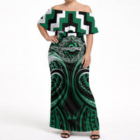 Aotearoa Whakatohea Personalised Off Shoulder Maxi Dress Maori Iwi Poutama Puhoro Tattoo LT14 Women Green - Polynesian Pride