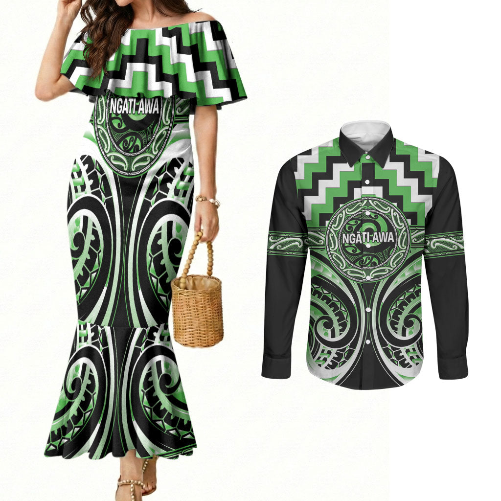 Aotearoa Ngati Awa Personalised Couples Matching Mermaid Dress and Long Sleeve Button Shirt Maori Iwi Poutama Puhoro Tattoo