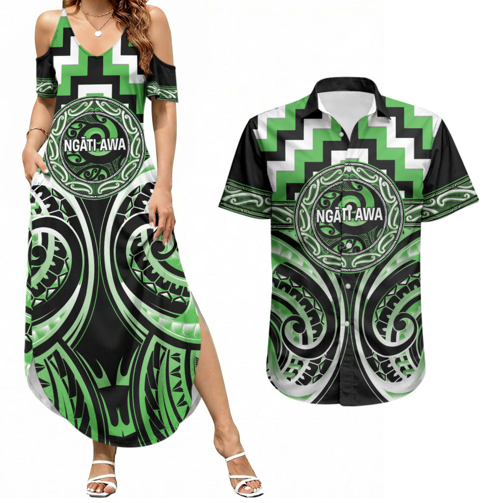 Aotearoa Ngati Awa Personalised Couples Matching Summer Maxi Dress and Hawaiian Shirt Maori Iwi Poutama Puhoro Tattoo