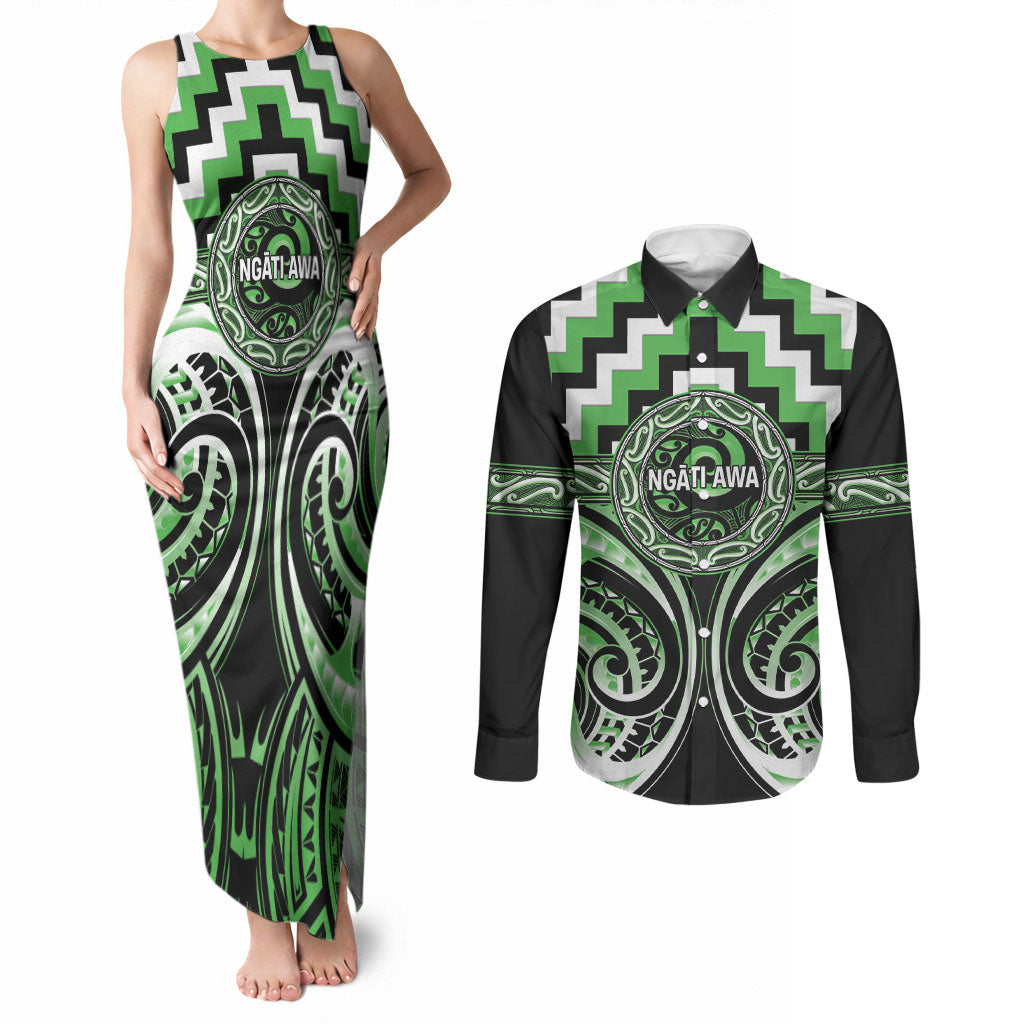 Aotearoa Ngati Awa Personalised Couples Matching Tank Maxi Dress and Long Sleeve Button Shirt Maori Iwi Poutama Puhoro Tattoo