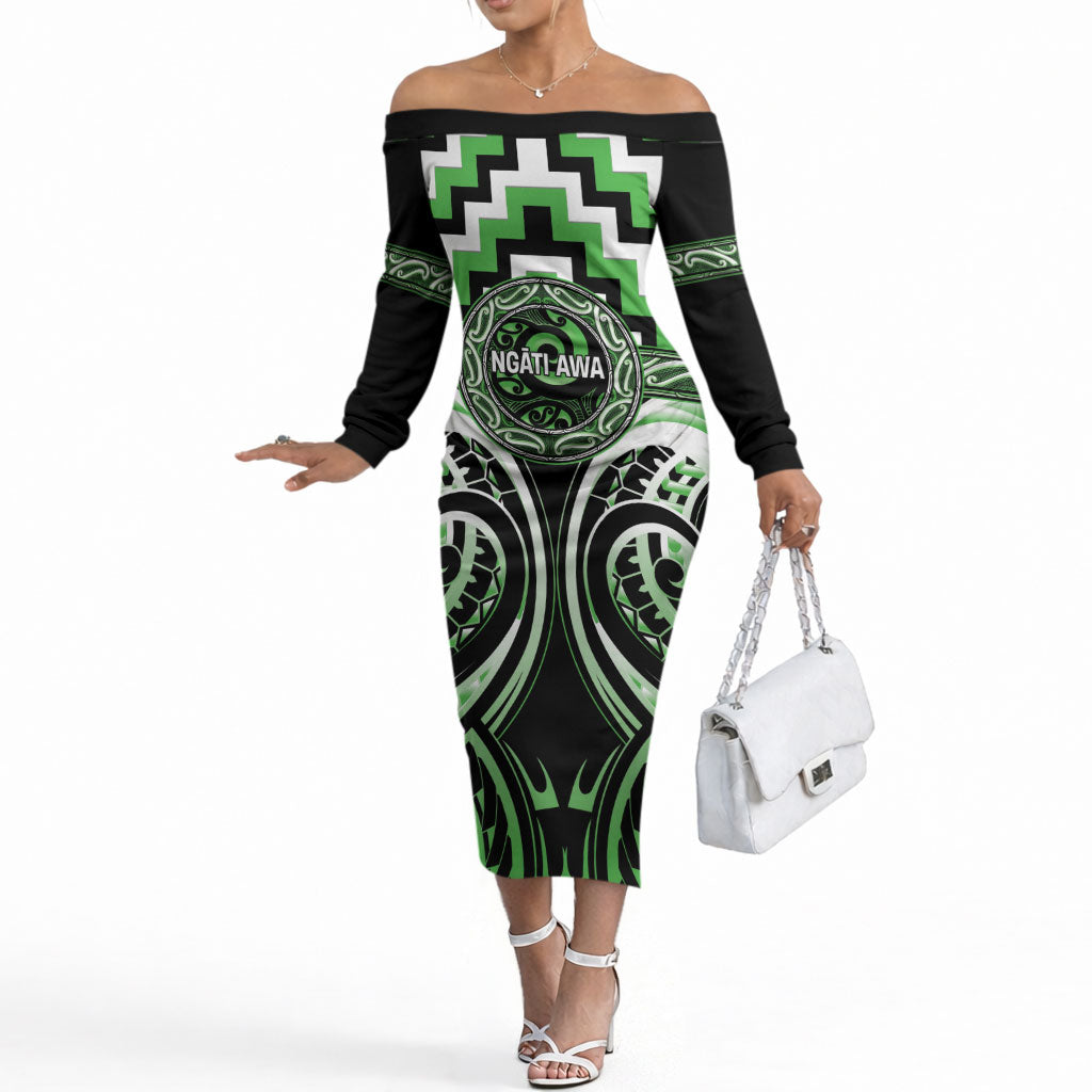 Aotearoa Ngati Awa Personalised Off The Shoulder Long Sleeve Dress Maori Iwi Poutama Puhoro Tattoo LT14 Women Green - Polynesian Pride