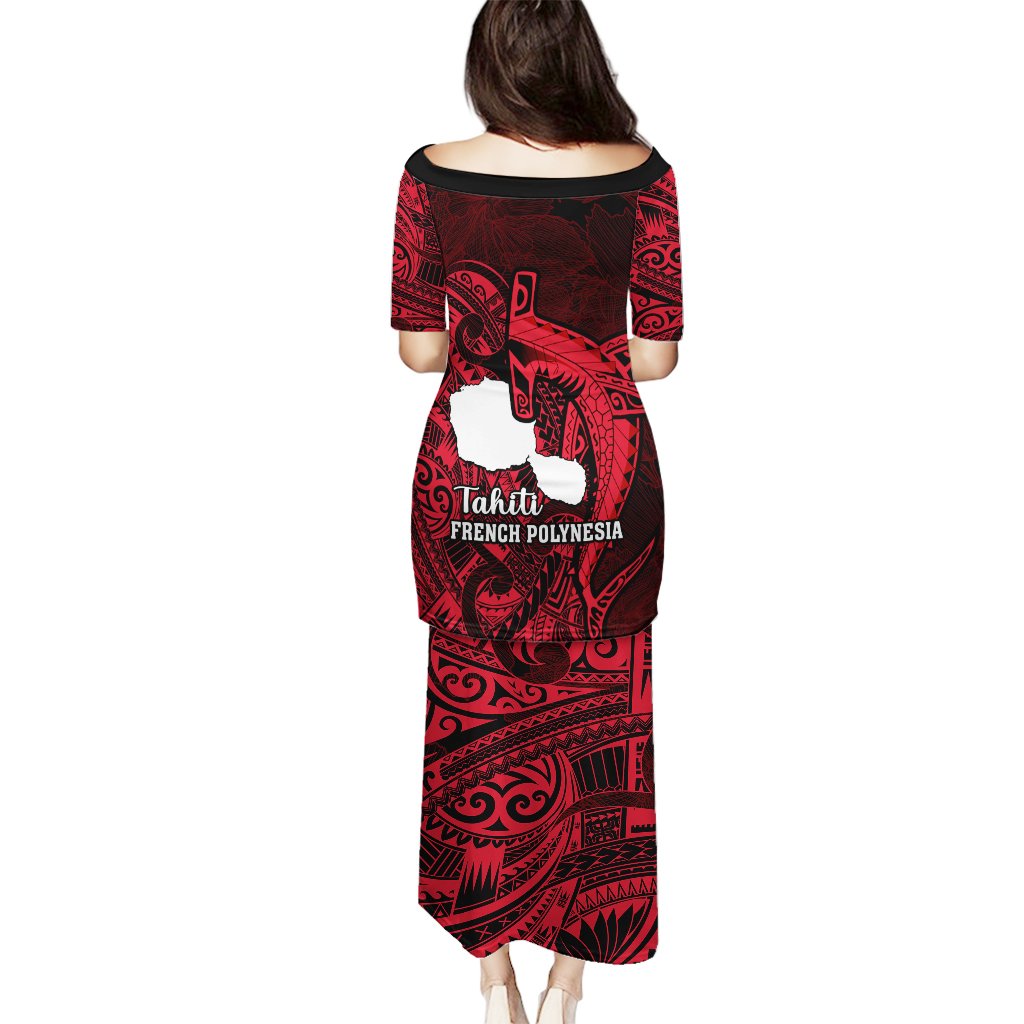French Polynesia Tahiti Puletasi Polynesian Shark Tattoo With Hibiscus Red Version LT14 - Polynesian Pride