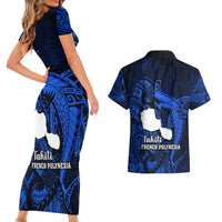 French Polynesia Tahiti Couples Matching Short Sleeve Bodycon Dress and Hawaiian Shirt Polynesian Shark Tattoo With Hibiscus Blue Version LT14 - Polynesian Pride