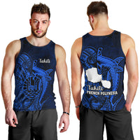 French Polynesia Tahiti Men Tank Top Polynesian Shark Tattoo With Hibiscus Blue Version LT14 - Polynesian Pride