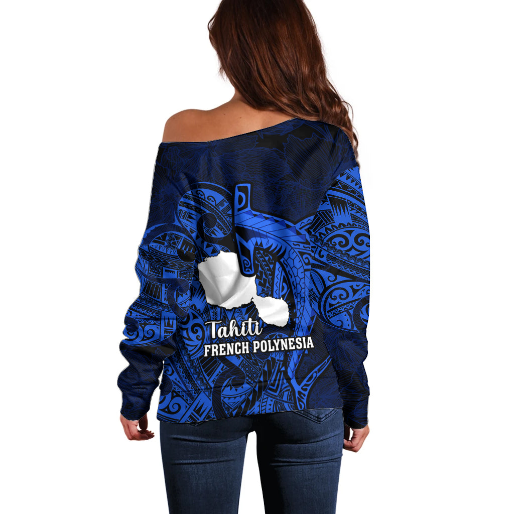 French Polynesia Tahiti Off Shoulder Sweater Polynesian Shark Tattoo With Hibiscus Blue Version LT14 - Polynesian Pride