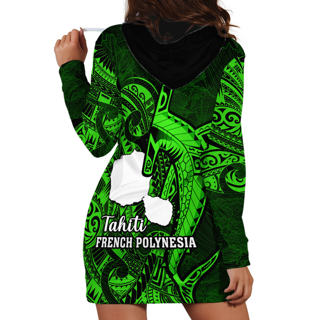 French Polynesia Tahiti Hoodie Dress Polynesian Shark Tattoo With Hibiscus Green Version LT14 - Polynesian Pride