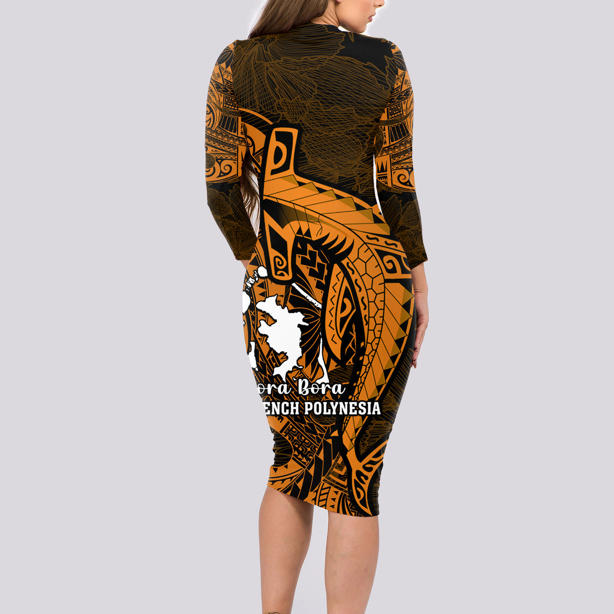 French Polynesia Bora Bora Long Sleeve Bodycon Dress Polynesian Shark Tattoo With Hibiscus Red Version LT14 - Polynesian Pride
