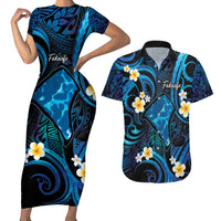 Tokelau Fakaofo Atoll Couples Matching Short Sleeve Bodycon Dress and Hawaiian Shirt Polynesian Tattoo Plumeria With Map LT14 Blue - Polynesian Pride