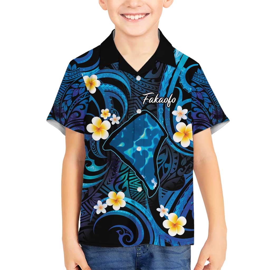 Tokelau Fakaofo Atoll Family Matching Long Sleeve Bodycon Dress and Hawaiian Shirt Polynesian Tattoo Plumeria With Map LT14 Son's Shirt Blue - Polynesian Pride