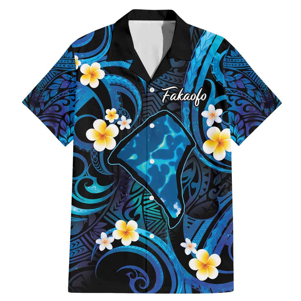 Tokelau Fakaofo Atoll Family Matching Mermaid Dress and Hawaiian Shirt Polynesian Tattoo Plumeria With Map LT14 Dad's Shirt - Short Sleeve Blue - Polynesian Pride