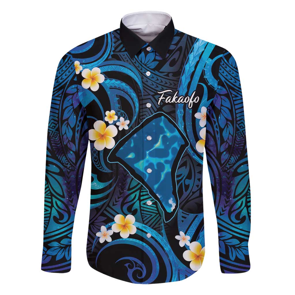 Tokelau Fakaofo Atoll Family Matching Off Shoulder Maxi Dress and Hawaiian Shirt Polynesian Tattoo Plumeria With Map LT14 Dad's Shirt - Long Sleeve Blue - Polynesian Pride