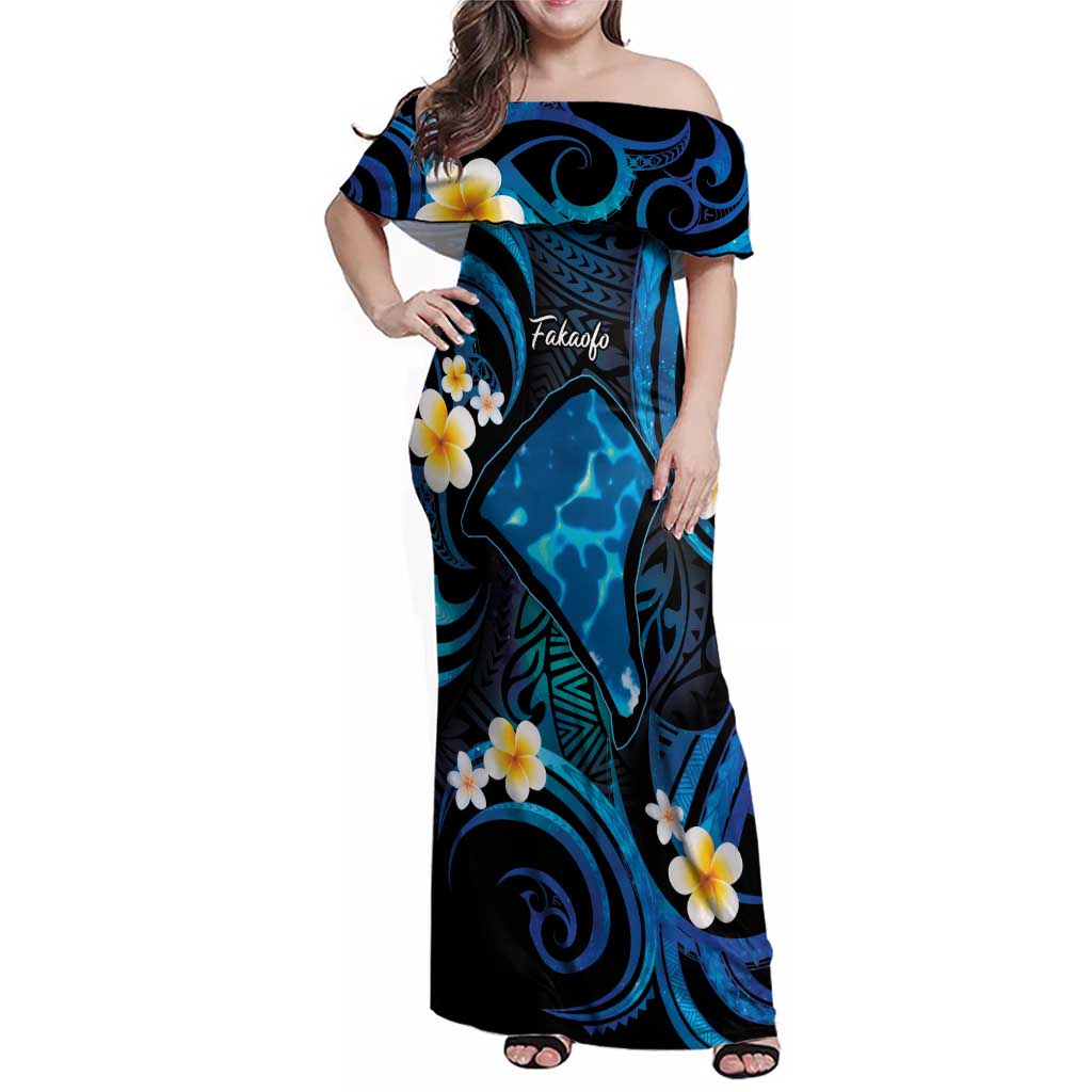 Tokelau Fakaofo Atoll Family Matching Off Shoulder Maxi Dress and Hawaiian Shirt Polynesian Tattoo Plumeria With Map LT14 Mom's Dress Blue - Polynesian Pride