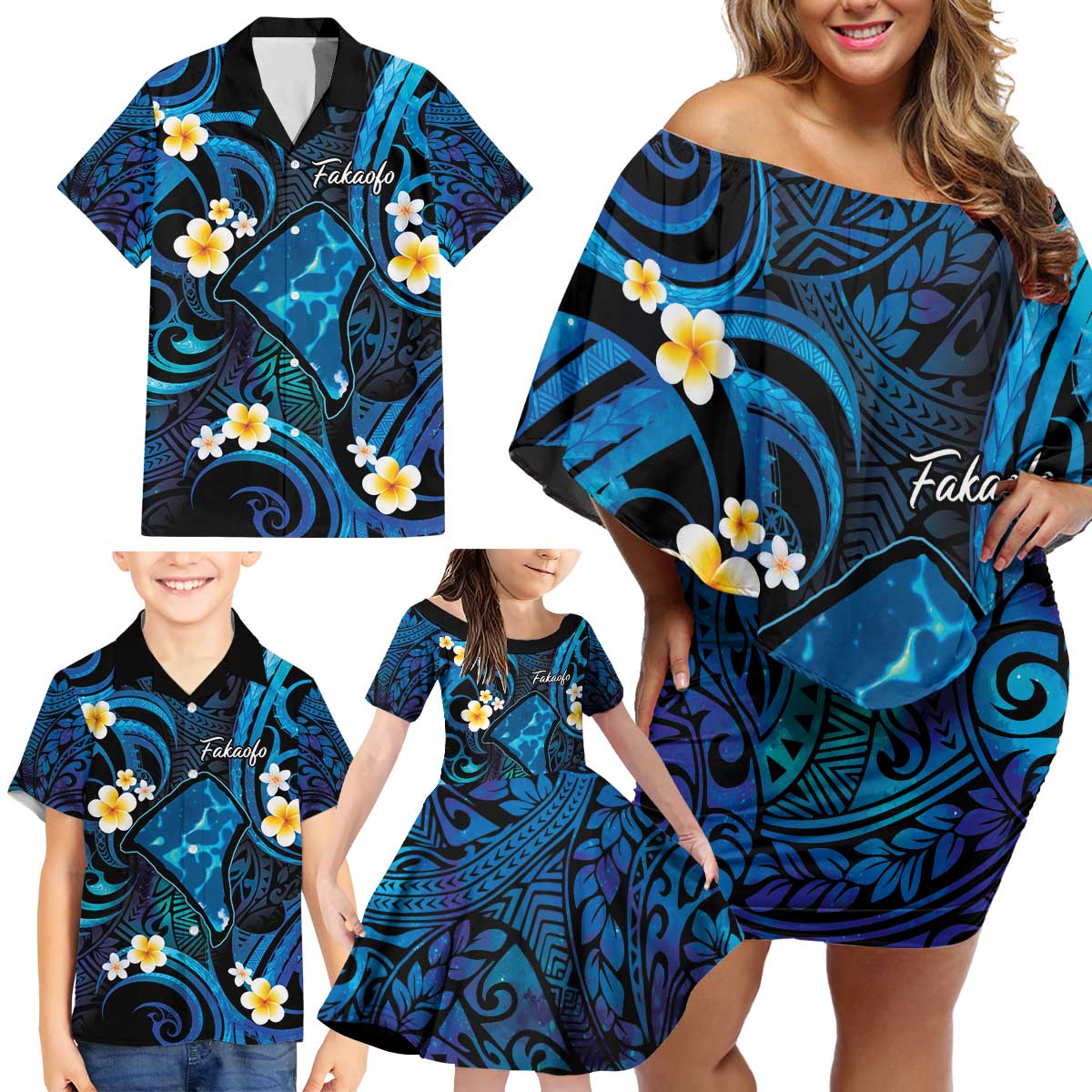 Tokelau Fakaofo Atoll Family Matching Off Shoulder Short Dress and Hawaiian Shirt Polynesian Tattoo Plumeria With Map LT14 - Polynesian Pride