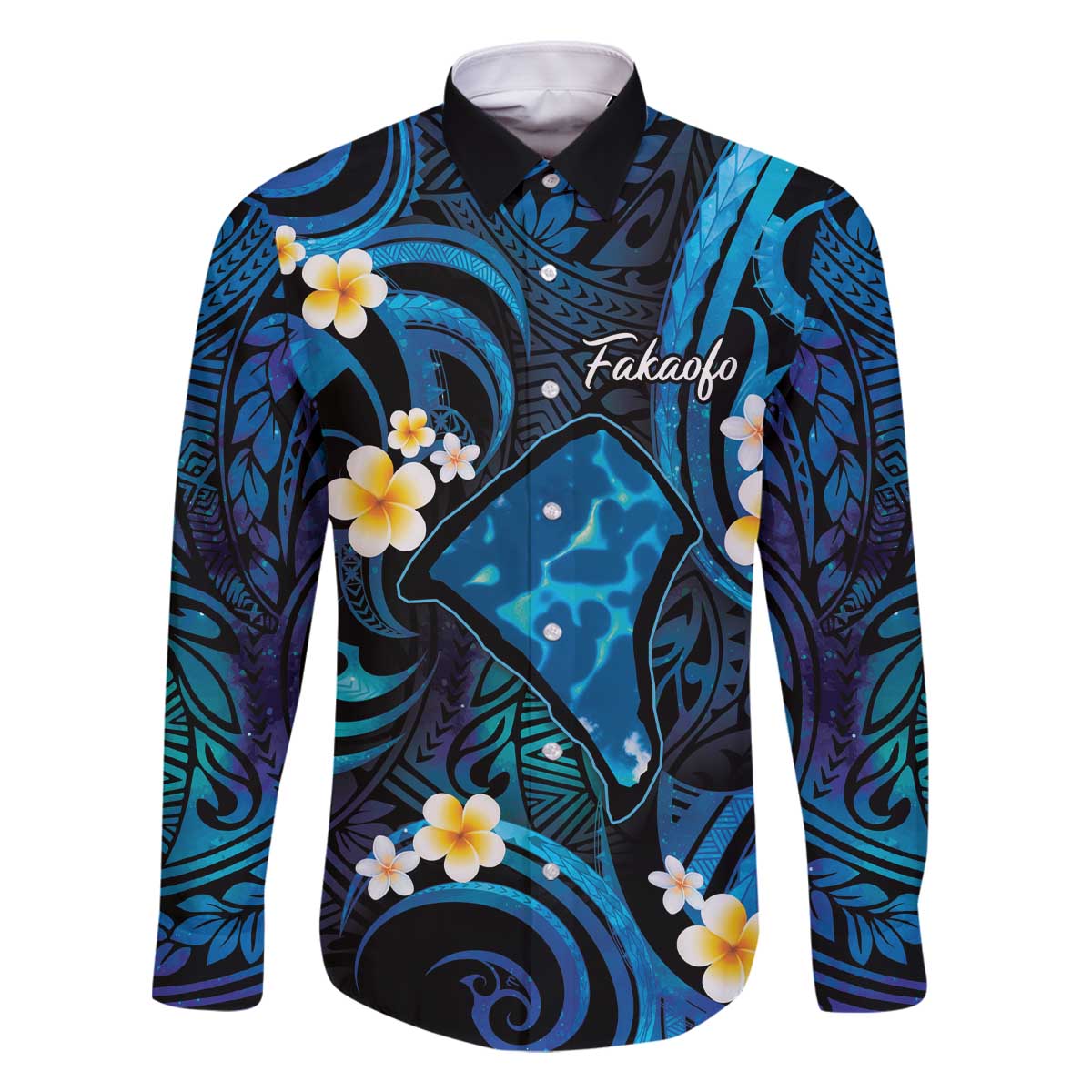 Tokelau Fakaofo Atoll Family Matching Off Shoulder Short Dress and Hawaiian Shirt Polynesian Tattoo Plumeria With Map LT14 Dad's Shirt - Long Sleeve Blue - Polynesian Pride