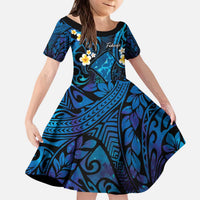 Tokelau Fakaofo Atoll Family Matching Puletasi and Hawaiian Shirt Polynesian Tattoo Plumeria With Map LT14 Daughter's Dress Blue - Polynesian Pride