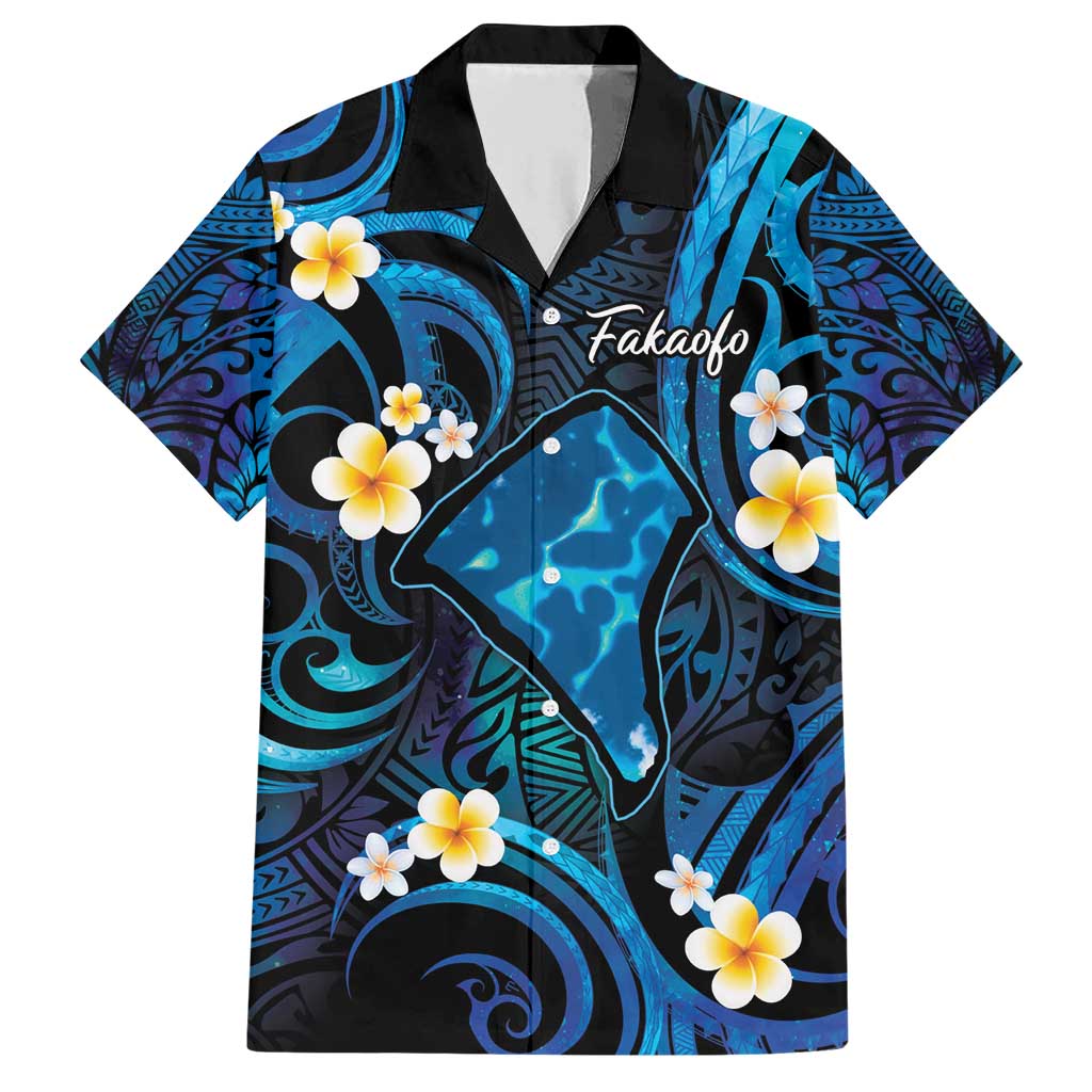 Tokelau Fakaofo Atoll Family Matching Short Sleeve Bodycon Dress and Hawaiian Shirt Polynesian Tattoo Plumeria With Map LT14 Dad's Shirt - Short Sleeve Blue - Polynesian Pride