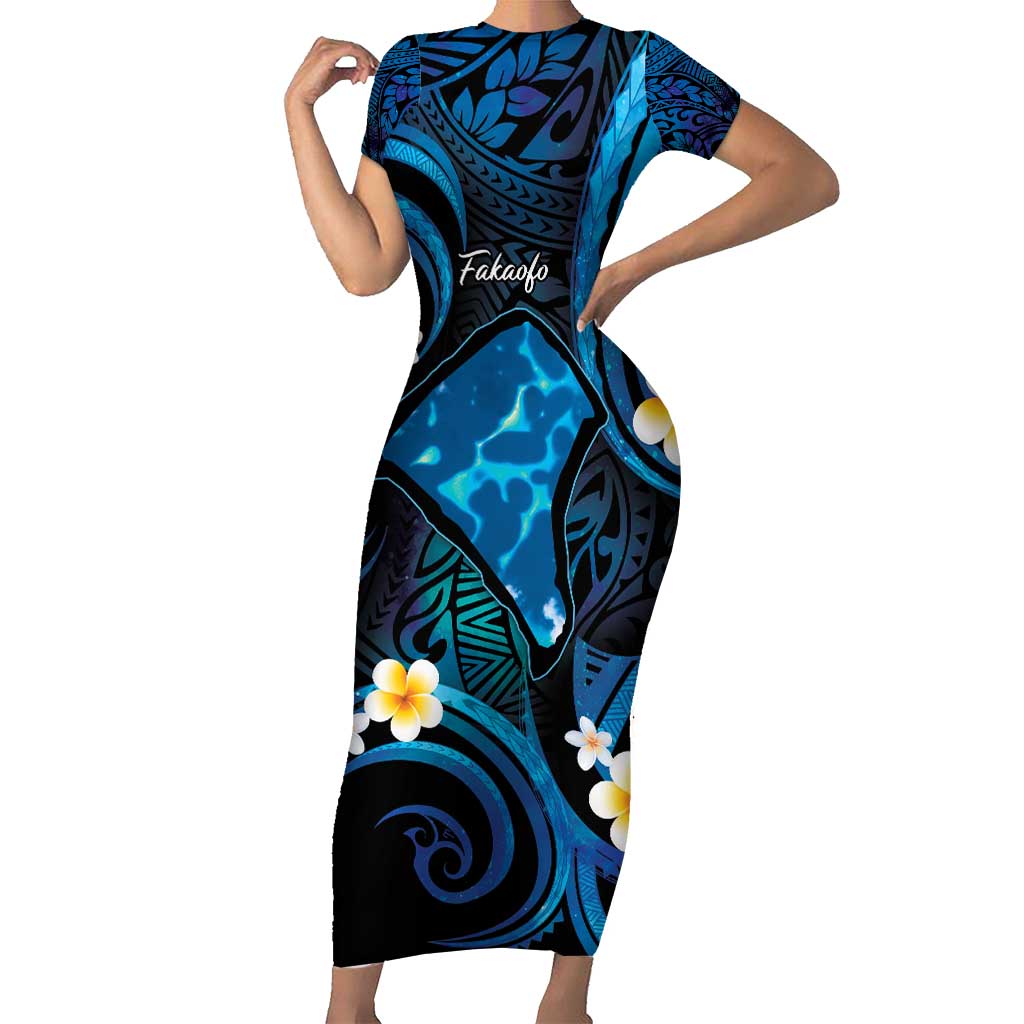 Tokelau Fakaofo Atoll Family Matching Short Sleeve Bodycon Dress and Hawaiian Shirt Polynesian Tattoo Plumeria With Map LT14 Mom's Dress Blue - Polynesian Pride
