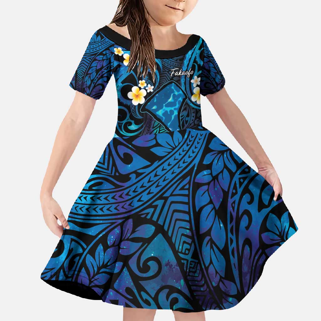 Tokelau Fakaofo Atoll Family Matching Tank Maxi Dress and Hawaiian Shirt Polynesian Tattoo Plumeria With Map LT14 Daughter's Dress Blue - Polynesian Pride