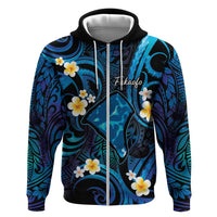 Tokelau Fakaofo Atoll Hoodie Polynesian Tattoo Plumeria With Map LT14 Zip Hoodie Blue - Polynesian Pride