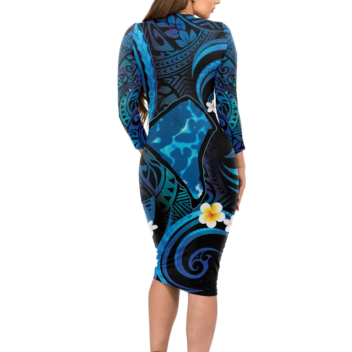 Tokelau Fakaofo Atoll Long Sleeve Bodycon Dress Polynesian Tattoo Plumeria With Map