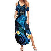 Tokelau Fakaofo Atoll Summer Maxi Dress Polynesian Tattoo Plumeria With Map LT14 Women Blue - Polynesian Pride