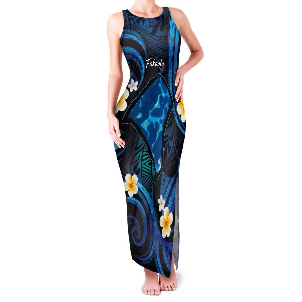 Tokelau Fakaofo Atoll Tank Maxi Dress Polynesian Tattoo Plumeria With Map LT14 Women Blue - Polynesian Pride
