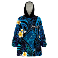 Tokelau Fakaofo Atoll Wearable Blanket Hoodie Polynesian Tattoo Plumeria With Map LT14 One Size Blue - Polynesian Pride