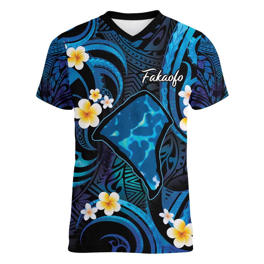 Tokelau Fakaofo Atoll Women V-Neck T-Shirt Polynesian Tattoo Plumeria With Map LT14 Female Blue - Polynesian Pride