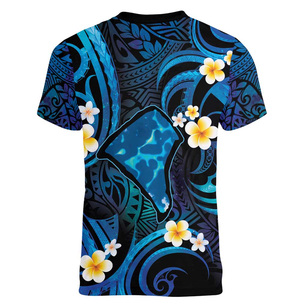Tokelau Fakaofo Atoll Women V-Neck T-Shirt Polynesian Tattoo Plumeria With Map LT14 - Polynesian Pride
