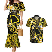 Tokelau Atafu Atoll Couples Matching Mermaid Dress and Hawaiian Shirt Polynesian Tattoo Plumeria With Map LT14 Gold - Polynesian Pride