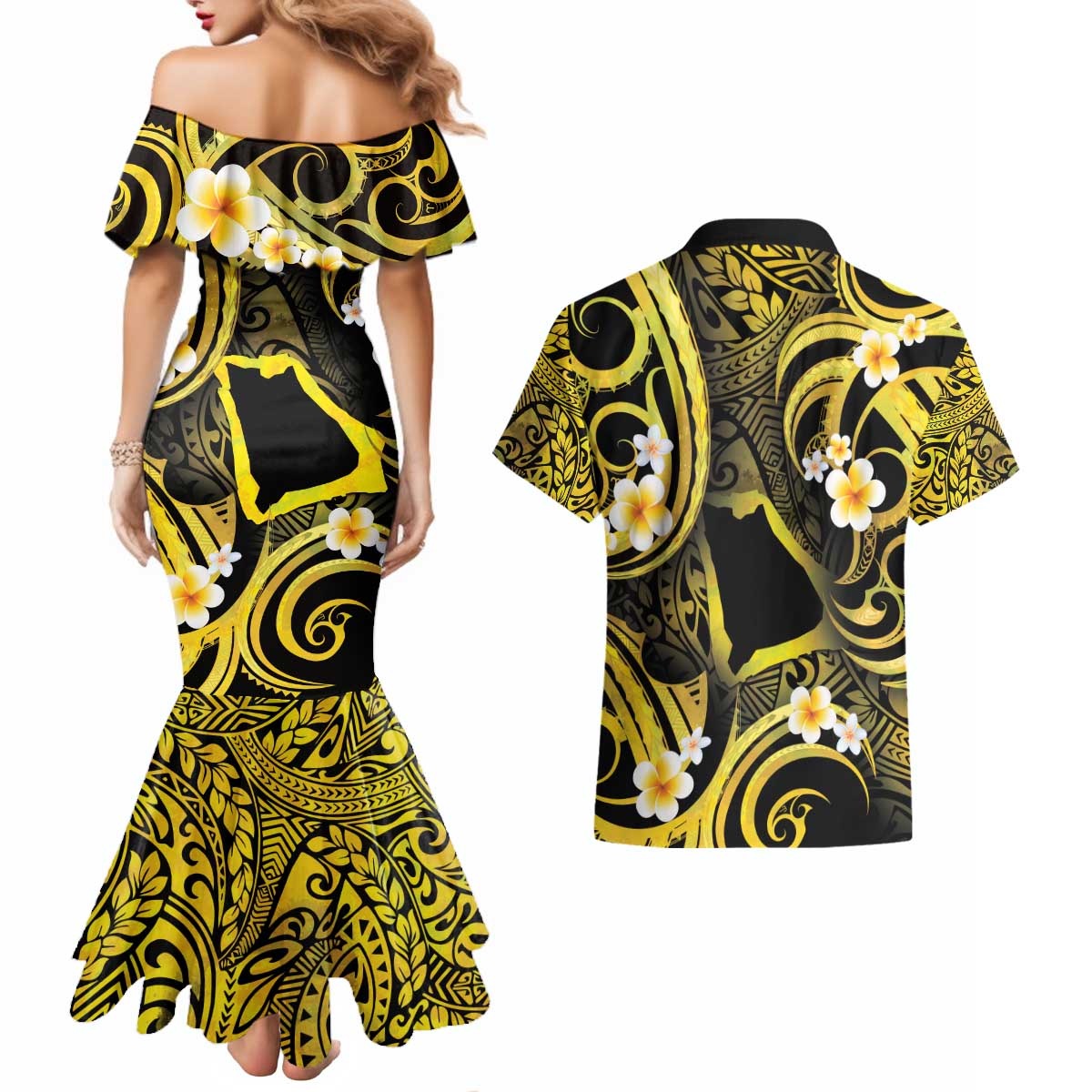 Tokelau Atafu Atoll Couples Matching Mermaid Dress and Hawaiian Shirt Polynesian Tattoo Plumeria With Map LT14 - Polynesian Pride