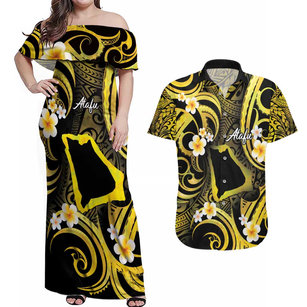 Tokelau Atafu Atoll Couples Matching Off Shoulder Maxi Dress and Hawaiian Shirt Polynesian Tattoo Plumeria With Map LT14 Gold - Polynesian Pride