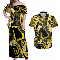 Tokelau Atafu Atoll Couples Matching Off Shoulder Maxi Dress and Hawaiian Shirt Polynesian Tattoo Plumeria With Map LT14 Gold - Polynesian Pride