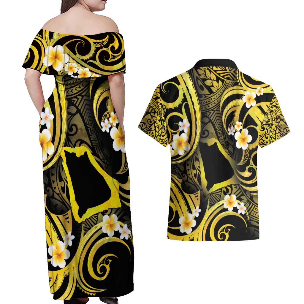 Tokelau Atafu Atoll Couples Matching Off Shoulder Maxi Dress and Hawaiian Shirt Polynesian Tattoo Plumeria With Map LT14 - Polynesian Pride