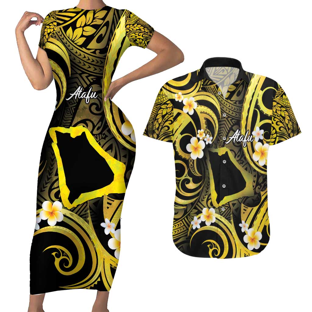 Tokelau Atafu Atoll Couples Matching Short Sleeve Bodycon Dress and Hawaiian Shirt Polynesian Tattoo Plumeria With Map LT14 Gold - Polynesian Pride