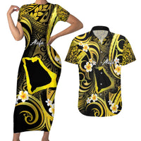 Tokelau Atafu Atoll Couples Matching Short Sleeve Bodycon Dress and Hawaiian Shirt Polynesian Tattoo Plumeria With Map LT14 Gold - Polynesian Pride